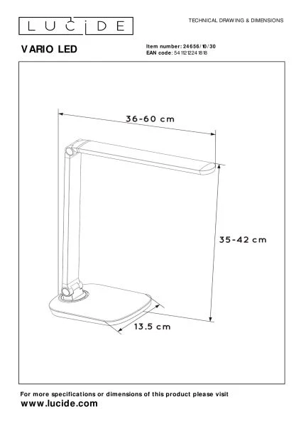 Lucide VARIO LED - Schreibtischlampe - LED Dim. - 1x8W 2700K/6500K - Schwarz - TECHNISCH